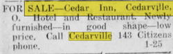 Cedar Inn - Jan 1917 For Sale